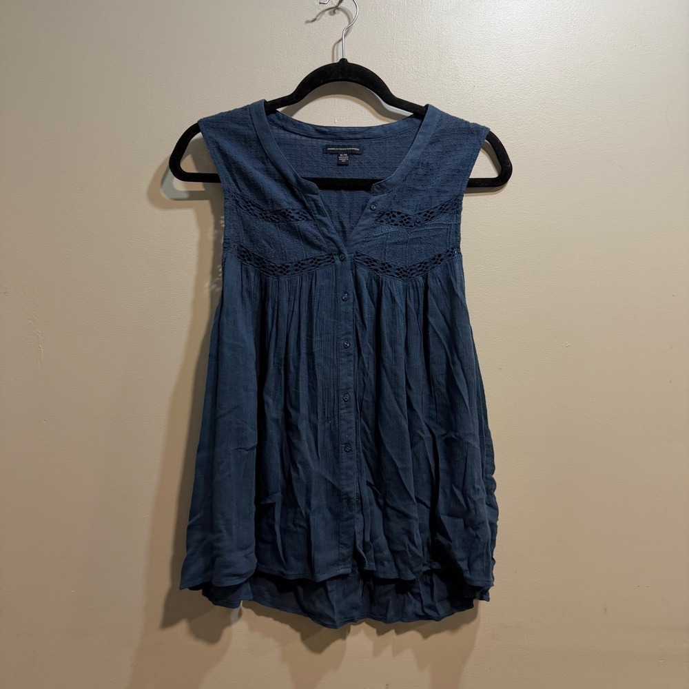 American Eagle Blue Crochet Lace Sleeveless Babydoll Button Front Blouse XL